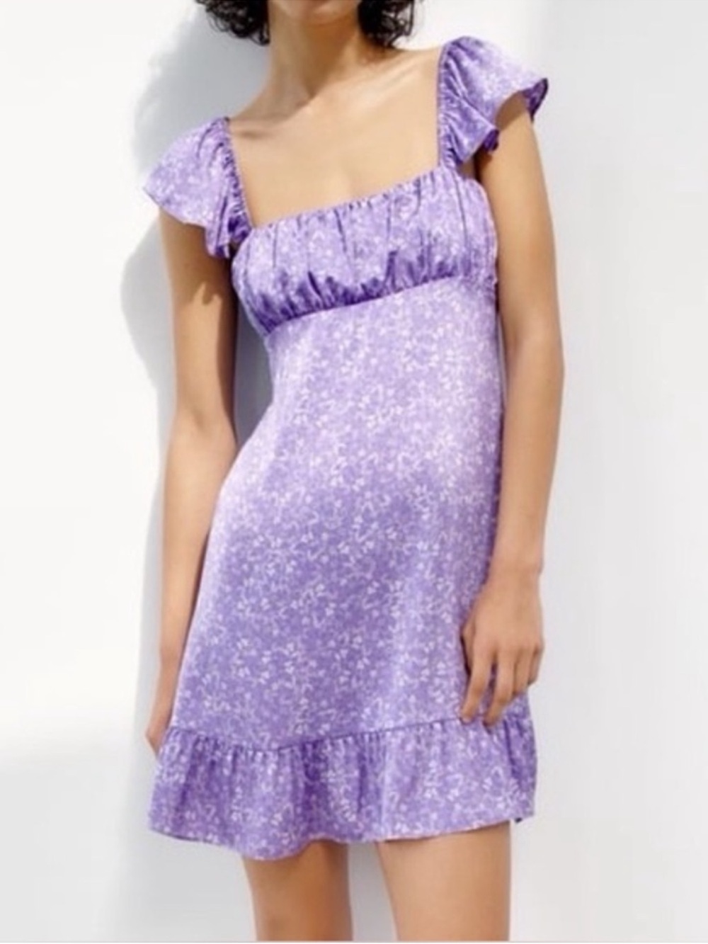 ZARA Lilac Lavender Floral Satin Mini Dress Size XS Tie Back Bow Boho Coquette